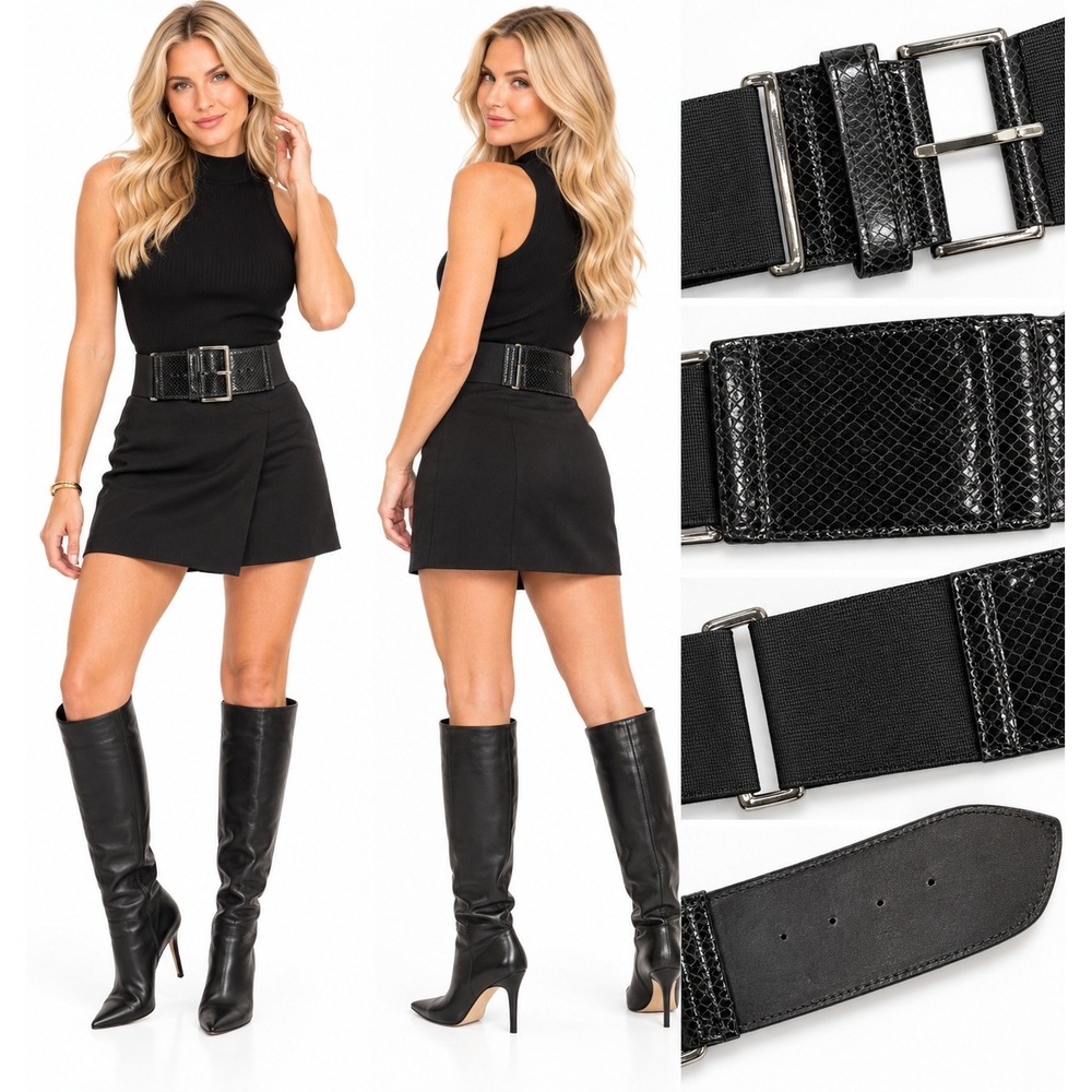 Express S/M Black Snakeskin Wide Elastic Waist Cincher Corset Belt Y2K Indie